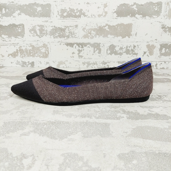 New Rothy's The Flat Black/Brown Knit Pointy Toe Slip On Loafers E594